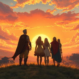 In a serene and uplifting scene, Solaris, depicted as a strong and noble man, stands alongside Aurora and their companions, all gazing towards a breathtaking new dawn on the horizon