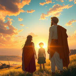 In a serene and uplifting scene, Solaris, depicted as a strong and noble man, stands alongside Aurora and their companions, all gazing towards a breathtaking new dawn on the horizon