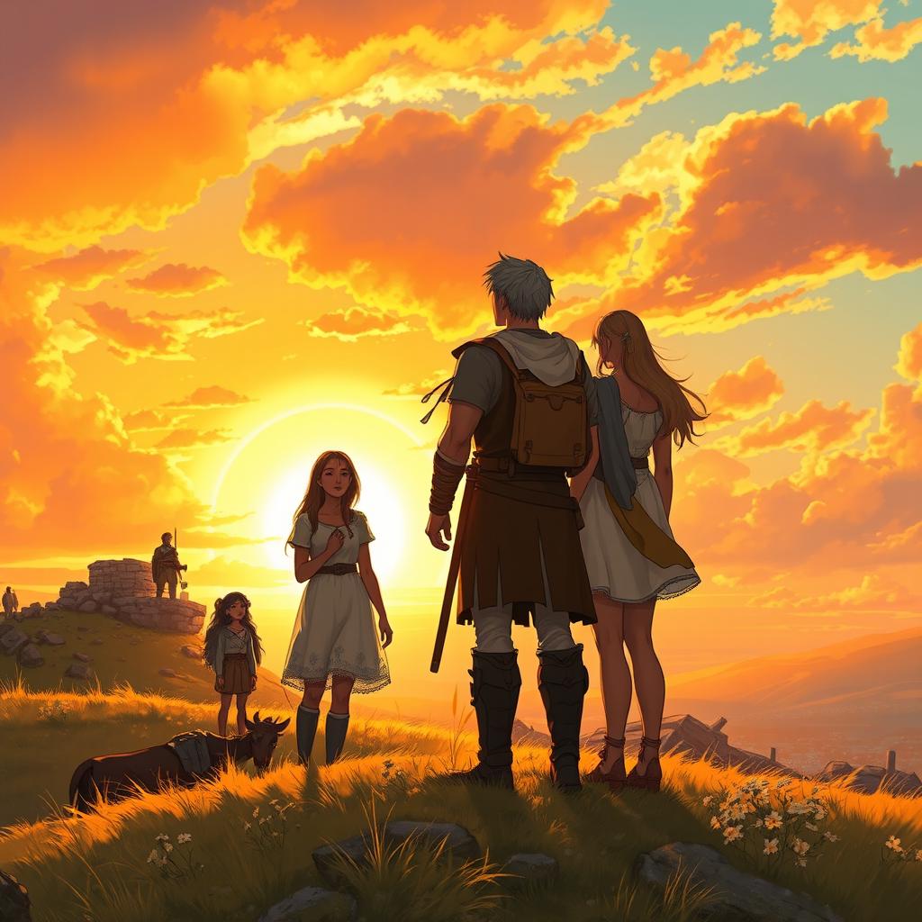 In a serene and uplifting scene, Solaris, depicted as a strong and noble man, stands alongside Aurora and their companions, all gazing towards a breathtaking new dawn on the horizon