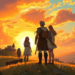 In a serene and uplifting scene, Solaris, depicted as a strong and noble man, stands alongside Aurora and their companions, all gazing towards a breathtaking new dawn on the horizon