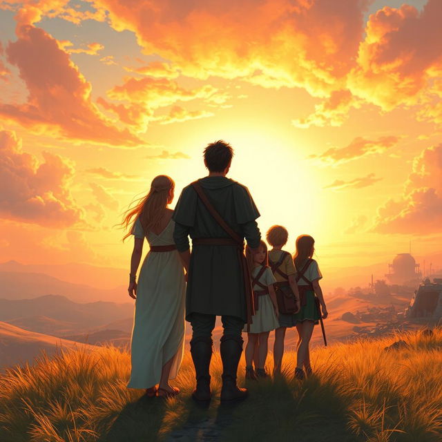 In a serene and uplifting scene, Solaris, depicted as a strong and noble man, stands alongside Aurora and their companions, all gazing towards a breathtaking new dawn on the horizon