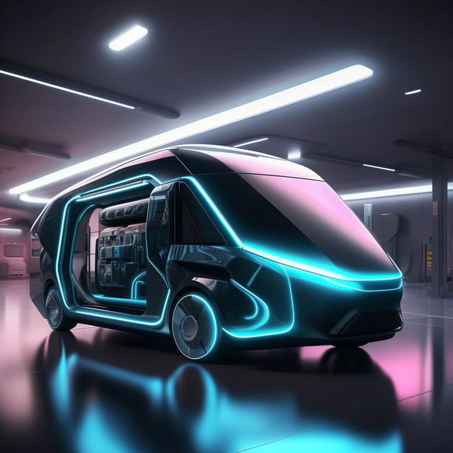 A futuristic van exhibiting state-of-the-art technology, aesthetically sleek, with a progressive, modern design.