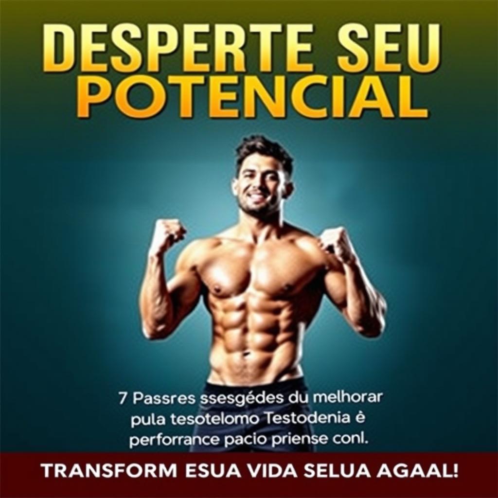 A captivating ebook cover featuring the title 'Desperte Seu Potencial: 7 Passos para Melhorar Sua Testosterona e Performance Sexual' prominently displayed at the top in bold, modern typography