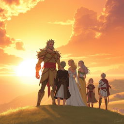 In a serene and uplifting scene, the strong and noble figure of Solaris stands alongside the ethereal Aurora and their companions, all gazing towards a breathtaking new dawn on the horizon