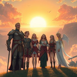 In a serene and uplifting scene, the strong and noble figure of Solaris stands alongside the ethereal Aurora and their companions, all gazing towards a breathtaking new dawn on the horizon