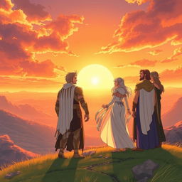 In a serene and uplifting scene, the strong and noble figure of Solaris stands alongside the ethereal Aurora and their companions, all gazing towards a breathtaking new dawn on the horizon