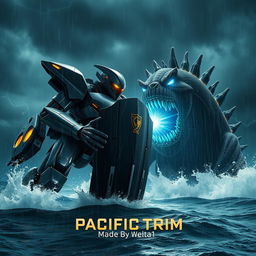 An ultra-realistic scene depicting a colossal robot and a massive monster battling in the ocean at night under heavy rain