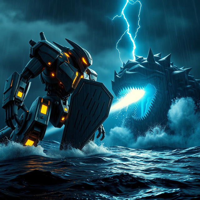 An ultra-realistic scene depicting a colossal robot and a massive monster battling in the ocean at night under heavy rain