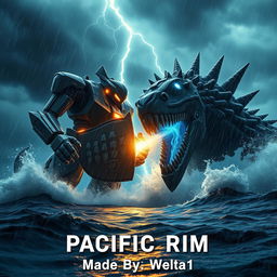 An ultra-realistic scene depicting a colossal robot and a massive monster battling in the ocean at night under heavy rain