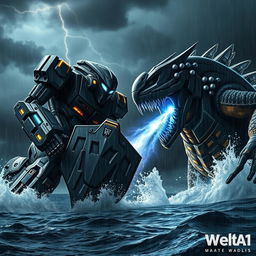 An ultra-realistic scene depicting a colossal robot and a massive monster battling in the ocean at night under heavy rain