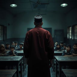 In a spooky Indonesian classroom viewed from the back, a male teacher dressed in traditional Sundanese clothing, including a vintage blangkon, stands at the front