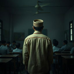 In a spooky Indonesian classroom viewed from the back, a male teacher dressed in traditional Sundanese clothing, including a vintage blangkon, stands at the front