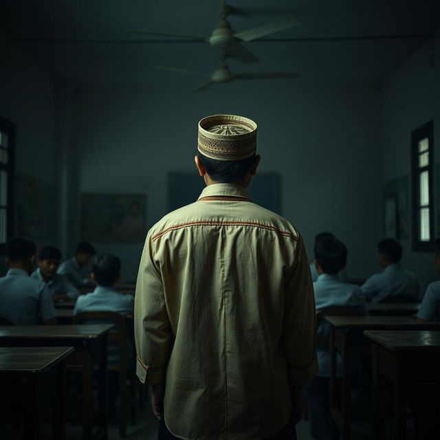 In a spooky Indonesian classroom viewed from the back, a male teacher dressed in traditional Sundanese clothing, including a vintage blangkon, stands at the front