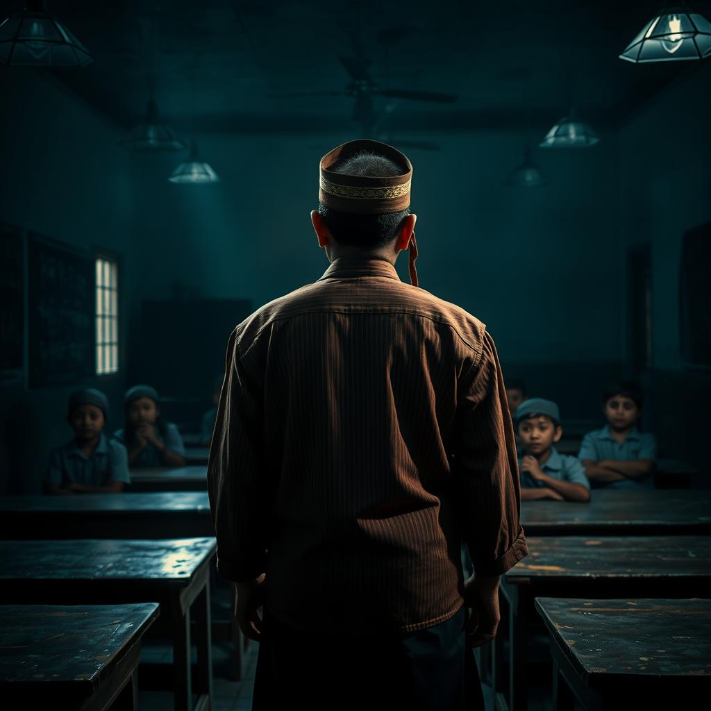 In a spooky Indonesian classroom viewed from the back, a male teacher dressed in traditional Sundanese clothing, including a vintage blangkon, stands at the front