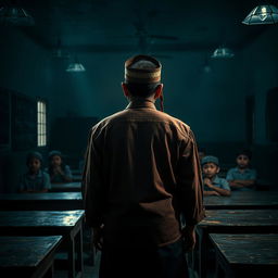 In a spooky Indonesian classroom viewed from the back, a male teacher dressed in traditional Sundanese clothing, including a vintage blangkon, stands at the front