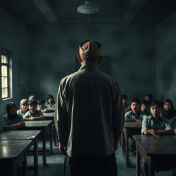 In a spooky Indonesian classroom viewed from the back, a male teacher dressed in traditional Sundanese clothing, including a vintage blangkon, stands at the front