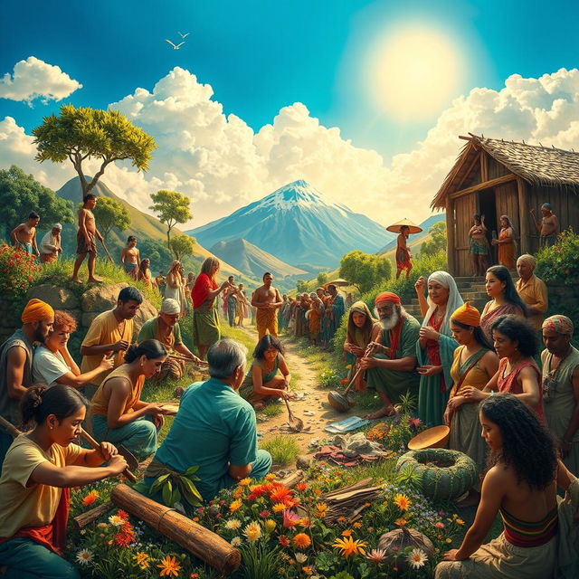 In the final tableau, a vibrant and hopeful scene depicts humanity diligently rebuilding the world, showcasing a harmonious collaboration that transcends the previous struggles against both light and darkness