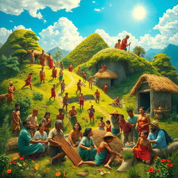 In the final tableau, a vibrant and hopeful scene depicts humanity diligently rebuilding the world, showcasing a harmonious collaboration that transcends the previous struggles against both light and darkness