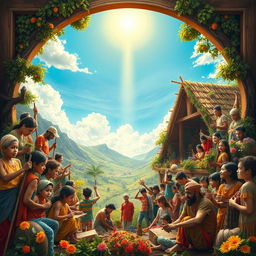 In the final tableau, a vibrant and hopeful scene depicts humanity diligently rebuilding the world, showcasing a harmonious collaboration that transcends the previous struggles against both light and darkness