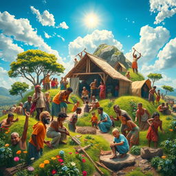In the final tableau, a vibrant and hopeful scene depicts humanity diligently rebuilding the world, showcasing a harmonious collaboration that transcends the previous struggles against both light and darkness