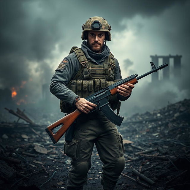 A male soldier dressed in tactical military gear, holding a broken AK-47 that is snapped in half, set against a gritty warzone backdrop