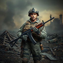 A male soldier dressed in tactical military gear, holding a broken AK-47 that is snapped in half, set against a gritty warzone backdrop