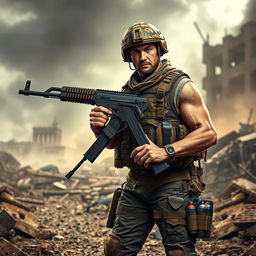 A male soldier dressed in tactical military gear, holding a broken AK-47 that is snapped in half, set against a gritty warzone backdrop