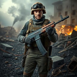 A male soldier dressed in tactical military gear, holding a broken AK-47 that is snapped in half, set against a gritty warzone backdrop