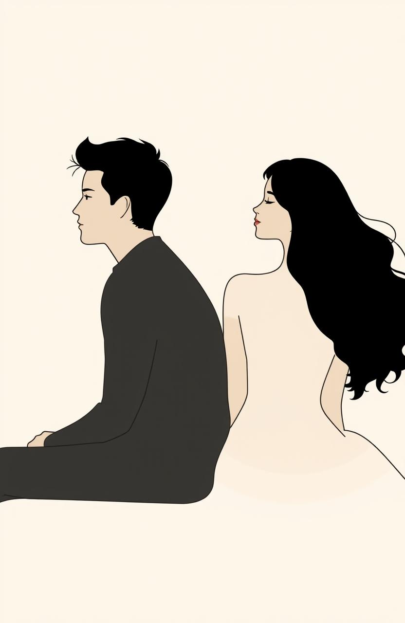 A minimalist art piece featuring a couple sitting back to back