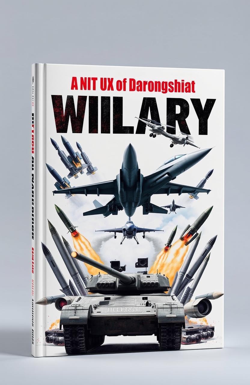 A book cover design featuring a white background with a striking and dynamic collage of military vehicles, including a fighter jet soaring through the sky, a tank positioned prominently, a drone hovering above, and missiles and rockets arranged artistically around them