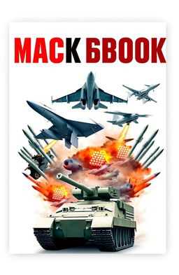 A book cover design featuring a white background with a striking and dynamic collage of military vehicles, including a fighter jet soaring through the sky, a tank positioned prominently, a drone hovering above, and missiles and rockets arranged artistically around them