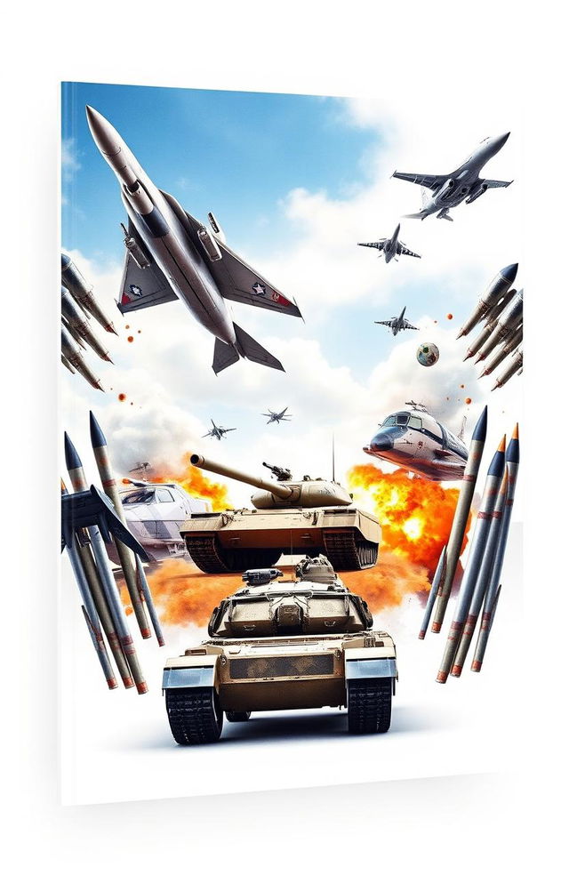 A book cover design featuring a white background with a striking and dynamic collage of military vehicles, including a fighter jet soaring through the sky, a tank positioned prominently, a drone hovering above, and missiles and rockets arranged artistically around them