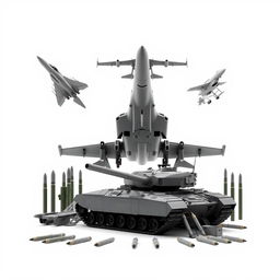 An image featuring a clean white background showcasing an impressive array of military vehicles, including a sleek fighter jet flying at an angle, a robust tank on the ground, a futuristic drone hovering mid-air, and an assortment of missiles and rockets artfully arranged around them