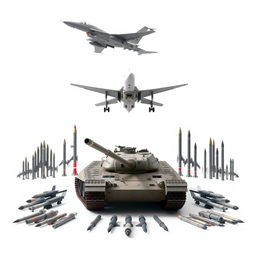 An image featuring a clean white background showcasing an impressive array of military vehicles, including a sleek fighter jet flying at an angle, a robust tank on the ground, a futuristic drone hovering mid-air, and an assortment of missiles and rockets artfully arranged around them
