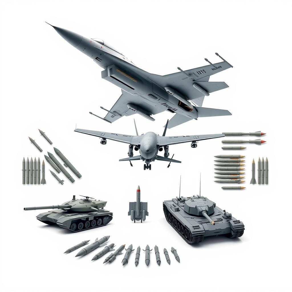 An image featuring a clean white background showcasing an impressive array of military vehicles, including a sleek fighter jet flying at an angle, a robust tank on the ground, a futuristic drone hovering mid-air, and an assortment of missiles and rockets artfully arranged around them