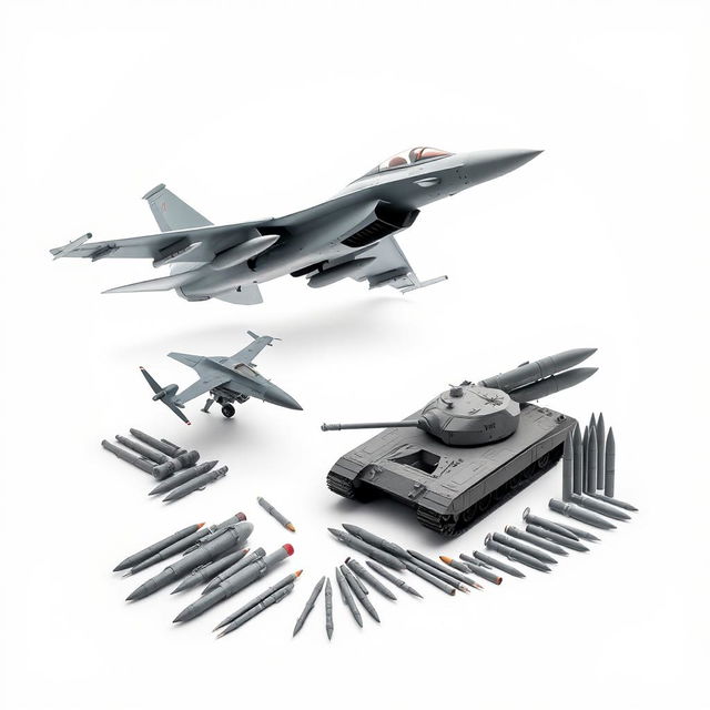 An image featuring a clean white background showcasing an impressive array of military vehicles, including a sleek fighter jet flying at an angle, a robust tank on the ground, a futuristic drone hovering mid-air, and an assortment of missiles and rockets artfully arranged around them