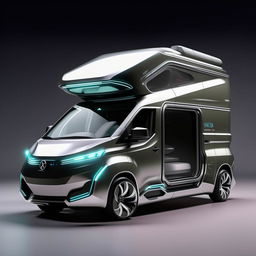 A futuristic van exhibiting state-of-the-art technology, aesthetically sleek, with a progressive, modern design.