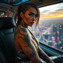 A stunning cyborg woman with intricate, fading tattoos on her skin, showcasing a unique blend of human and machine