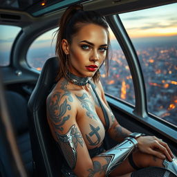 A stunning cyborg woman with intricate, fading tattoos on her skin, showcasing a unique blend of human and machine