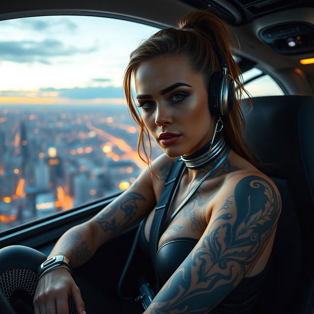 A stunning cyborg woman with intricate, fading tattoos on her skin, showcasing a unique blend of human and machine