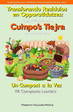 A colorful and engaging book cover for a manual titled 'Transformando Residuos en Oportunidades: Guía Práctica de Compostaje para Niños', designed specifically for children's environmental leaders