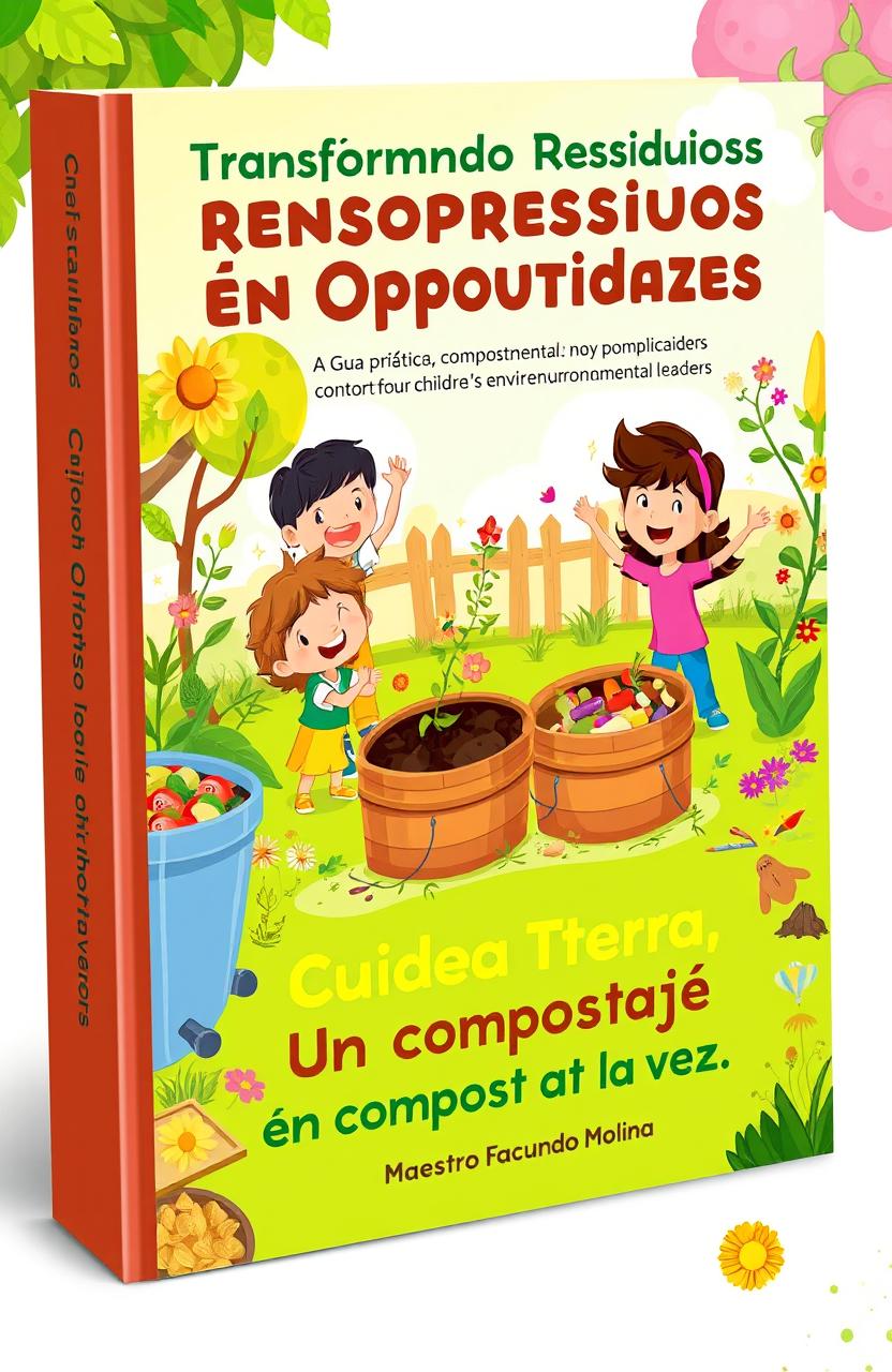 A colorful and engaging book cover for a manual titled 'Transformando Residuos en Oportunidades: Guía Práctica de Compostaje para Niños', designed specifically for children's environmental leaders