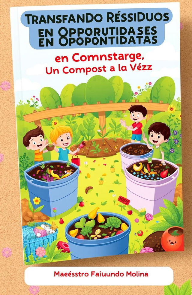 A colorful and engaging book cover for a manual titled 'Transformando Residuos en Oportunidades: Guía Práctica de Compostaje para Niños', designed specifically for children's environmental leaders