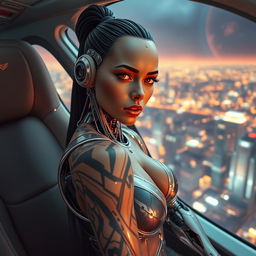 A striking robot woman with beautifully intricate, fading tattoos adorning her skin, showcasing the blend of organic and mechanical