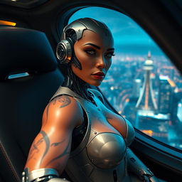 A striking robot woman with beautifully intricate, fading tattoos adorning her skin, showcasing the blend of organic and mechanical