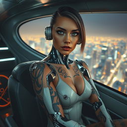 A striking robot woman with beautifully intricate, fading tattoos adorning her skin, showcasing the blend of organic and mechanical