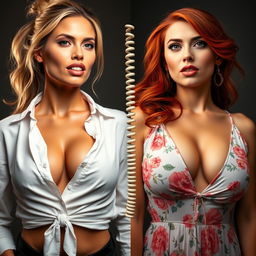 Split screen featuring two close-up torso shots of beautiful women