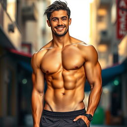 A striking full body portrait of an attractive man with a well-defined physique, showcasing a significant bulge