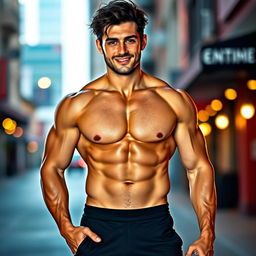 A striking full body portrait of an attractive man with a well-defined physique, showcasing a significant bulge