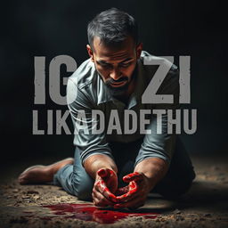 A powerful and emotional scene depicting a man kneeling on the ground, visibly distressed, with his hands covered in a substantial amount of blood, signifying a dramatic moment of turmoil or tragedy